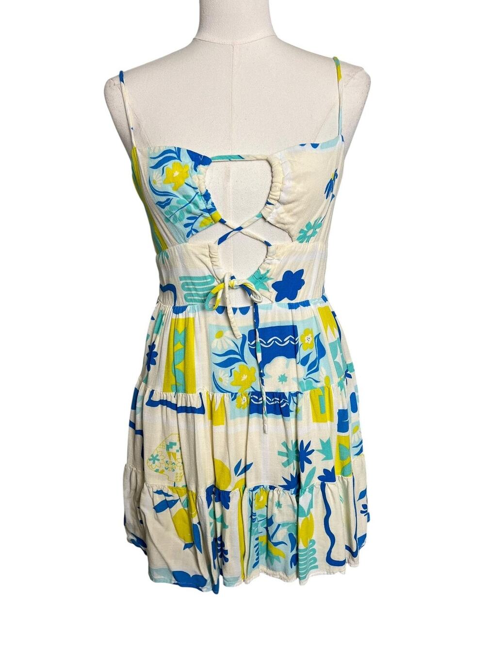 ILLA ILLA Dress Womens S Blue Yellow Tropical Print Cutout Back Tiered Sundress